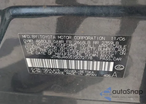 2007 Lexus Es 350 from USA, damaged, VIN JTHBJ46G572072178